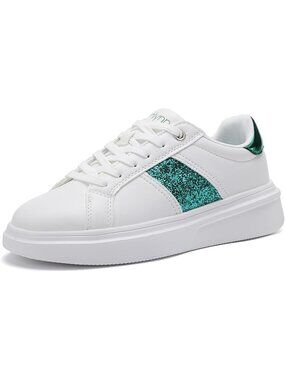〽️Women's Athletic Sneakers White Green Glitter Lace-Up Low Top Closed Toe